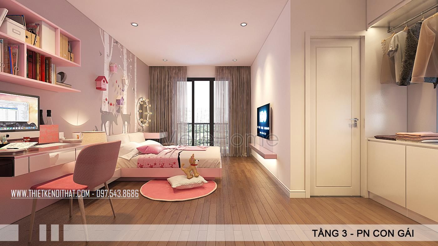 Thiết kế nội thất phòng ngủ bé gái cho biệt thư Vinhome Thăng Long, Hoài Đức, Hà Nội